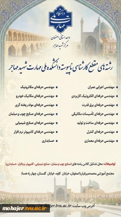 رشته های پذیرشی مقطع کارشناسی ناپیوسته  سال 1405 دانشکده ملی مهارت شهید مهاجر اصفهان