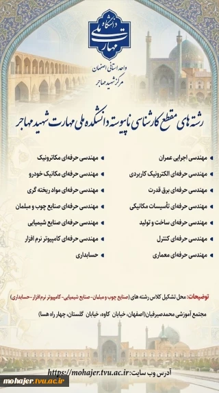 رشته های پذیرشی مقطع کارشناسی ناپیوسته  سال 1405 دانشکده ملی مهارت شهید مهاجر اصفهان